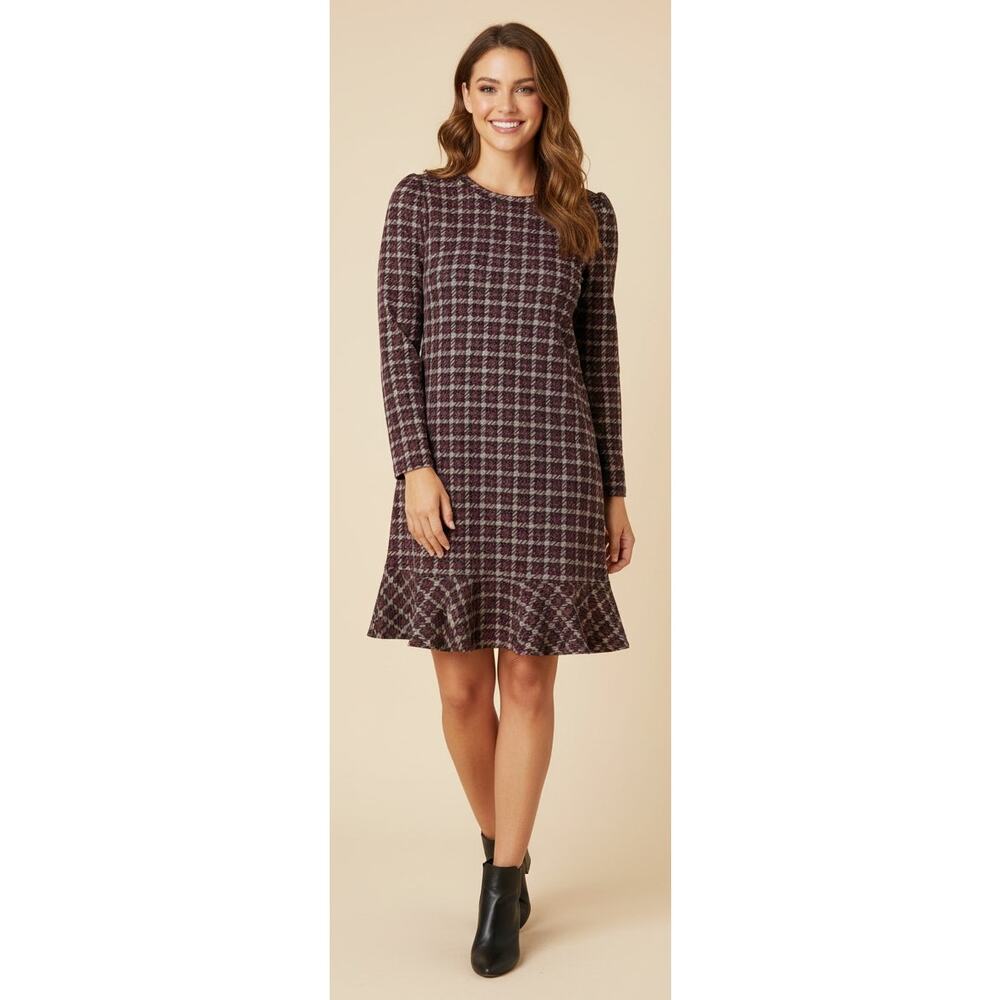 Anne Klein Women XL Red/ Gold Houndstooth Flare Hem Puff Sleeve Fall Dress